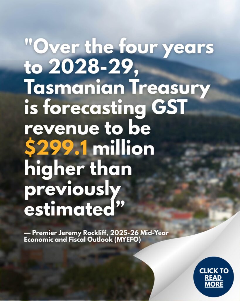 This image features a quote from Premier Jeremy Rockliff regarding the 2025-26 Mid-Year Economic and Fiscal Outlook (MYEFO).